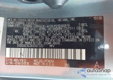 2006 Toyota Sienna Ce z USA, uszkodzony, nr VIN 5TDZA23C26S567323